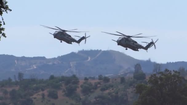 Slow Motion Visa Militära Helikoptrar Landar Obelagda Airstrip — Stockvideo