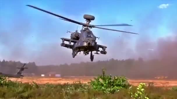 Hélicoptère Apache Envole Alors Que Autres Hélicoptères Préparent Décoller — Video