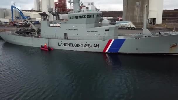 Aerial Shot Docked Coast Guard Ship — Stock Video