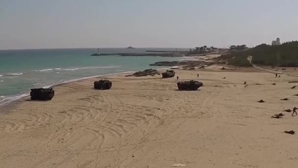 Vue aérienne des véhicules amphibies et des troupes débarquant sur la plage — Video