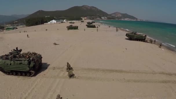 Marines desembarcando y en formación en una costa — Vídeo de stock