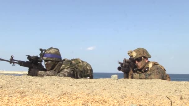 Marines en posición propensa y apuntando sus armas — Vídeo de stock