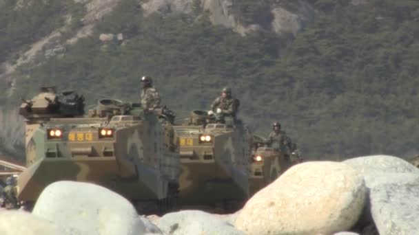 Grupo de AAV P7A1 y soldados estacionados en la costa — Vídeo de stock