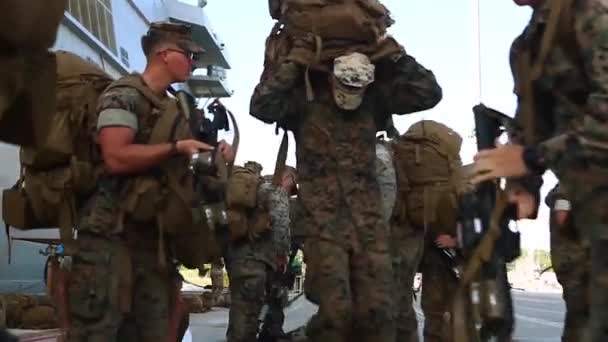 Amerikanische Soldaten ziehen ihren Rucksack an lizenzfreies Stockvideo
