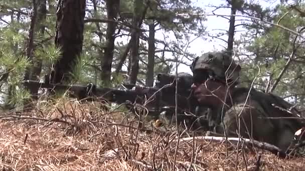 Soldado estadounidense disparando una ametralladora ligera en el bosque Vídeo De Stock