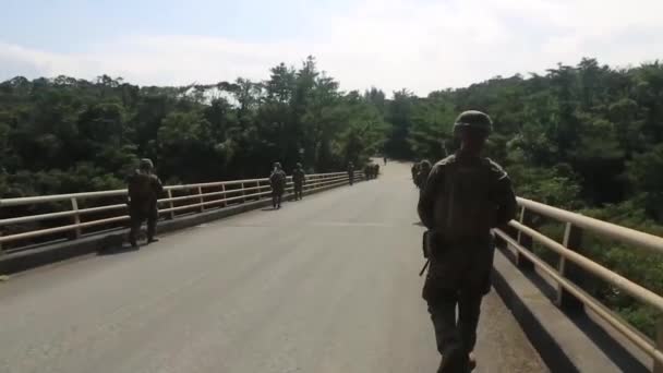 Soldados americanos caminando sobre un puente — Vídeo de stock