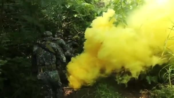 Soldados caminhando na área florestal com fumaça amarela — Vídeo de Stock