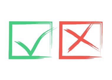 Kare karelerde sembolik Ok ve X simgeleri. Çapraz ve kene işaretleri, işaretlerini kontrol edin grafik tasarımı. Hayır ve Evet reddedildi ve oy, seçim seçimi için sembol vektör düğmeleri onayladı. Grunge oylama simgeleri
