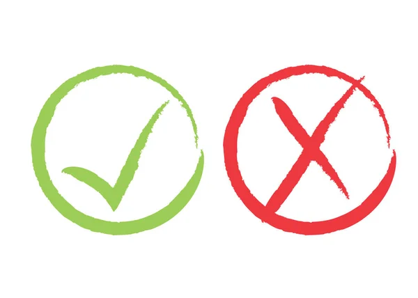 Grunge kırmızı X ve yeşil onay onay işaretleri, onay işaretleri tasarlayın. Kırmızı X ve daire onay kutularını Yeşil Ok sembol simgeler. Fırça boyalı heck liste işaretleri, seçim seçenekleri, test, test veya anket işaretleri.