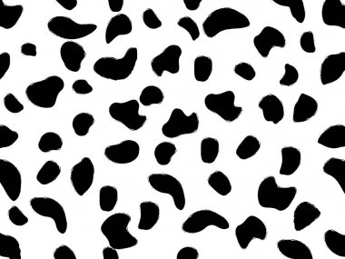 Dalmaçya dikişsiz desen. Köpek derisi nokta. Beyazüzerinde siyah karalama noktaları. İnek derisi dokusu. Vektör illüstrasyon. Kamuflaj tasarımı. Dalmaçya süsü