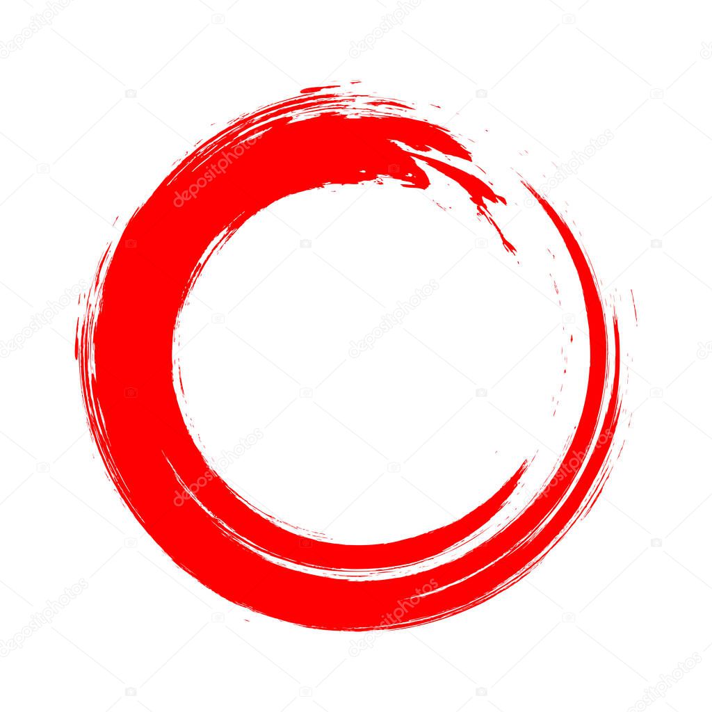 Red enso symbol isolated on white. Brushed round smear element. Red brush stroke label background. Logo design element. Enso zen symbol. Circular artistic sign. Lipstick round trace