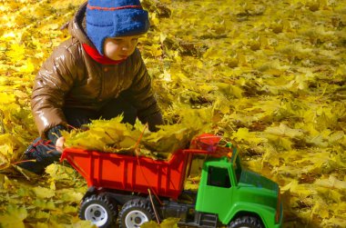 Çocuk oyuncak makine Sonbahar Park çalış. Çocuk Çocuk makine gövdesinde sonbahar yaprakları yükler.