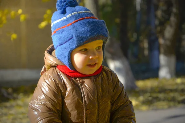 Dziecko Parku Jesień Kapelusz Niebieski Brązowy Kurtka Wygląda Tajemniczo Odległości — Zdjęcie stockowe