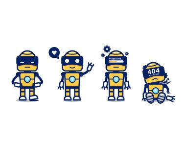Sevimli sarı retro robot Al vektör çizgi film karakteri maskot pozu ayarlandı