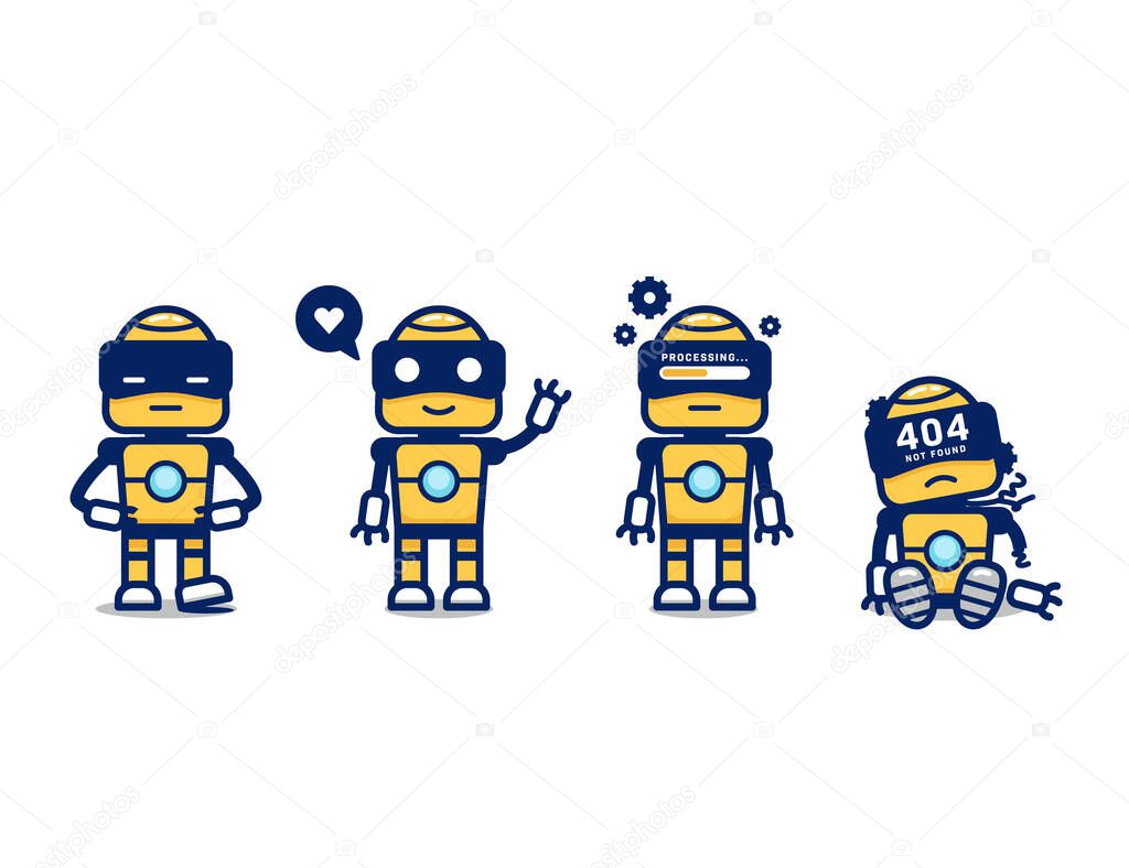 Cute yellow retro robot AI vector cartoon character mascot pose set