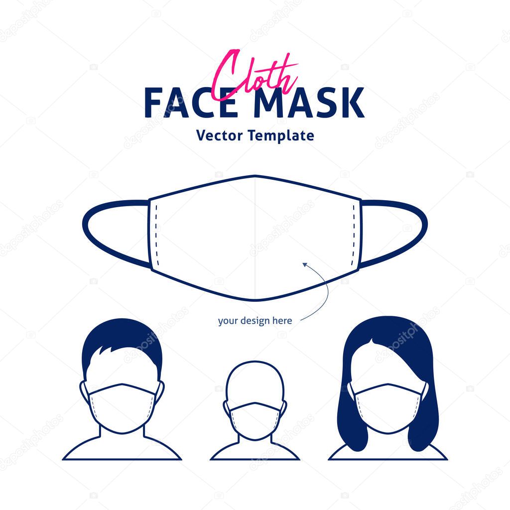 Cloth Face mask vector design template with male, female, and kids mockup face preview