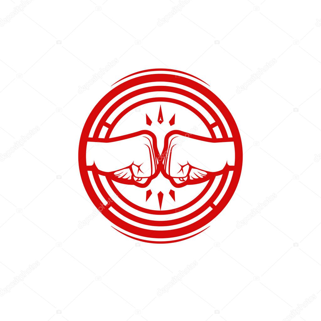 Hand fist bumb logo vector circle badge symbol icon with two hand figher fist punch crash each other