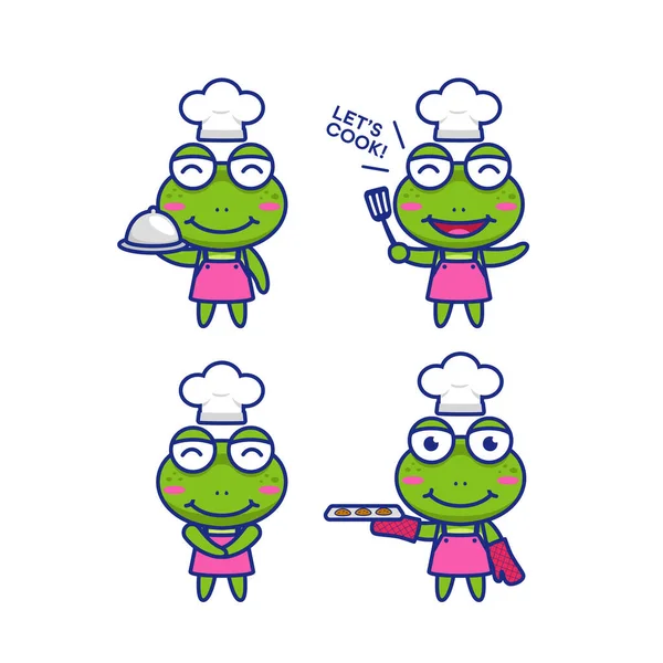 Leuke Chibi Kikker Chef Kok Cartoon Karakter Mascotte Vector Illustratie — Stockvector
