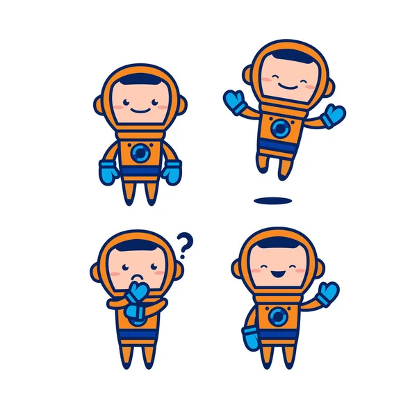 Astronaut Kosmonaut Niedlichen Cartoon Charakter Vektor Maskottchen Set Mit Orangefarbenen — Stockvektor
