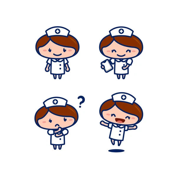 Cute Female Nurse Medical Staff Cartoon Character Chibi Style Set — Stock Vector