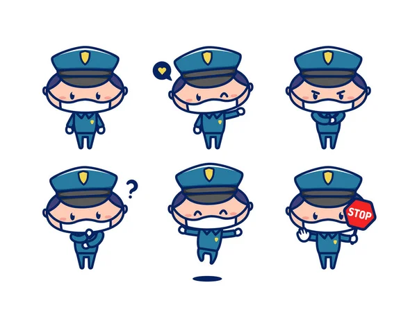 Bonito Policial Mascote Personagem Estilo Chibi Usar Máscara Facial —  Vetores de Stock