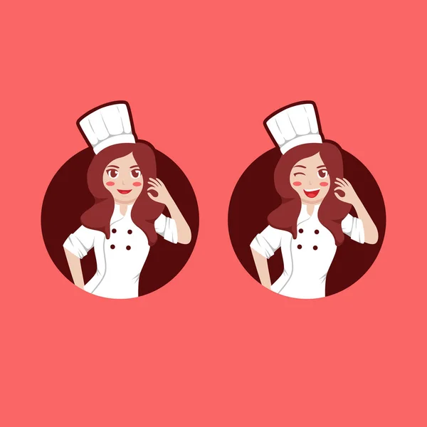 Beauty Female Woman Chef Logo Character Mascot Expression Set Hand — Stock Vector