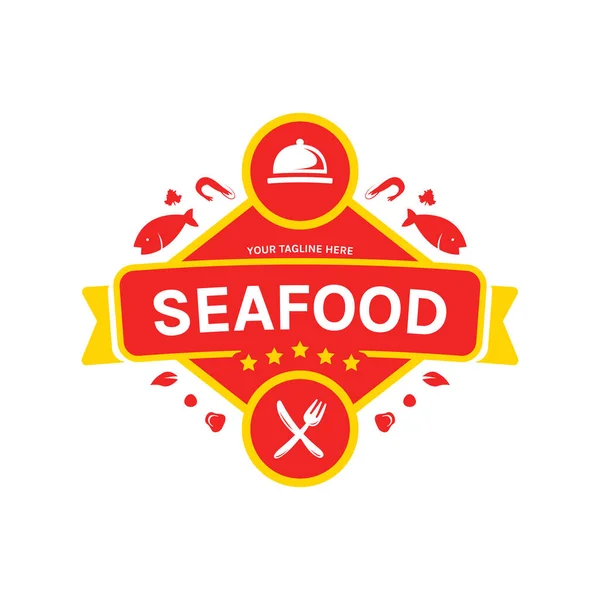 Skaldjur Restaurang Catering Gourmet Logo Ikon Emblem Med Kniv Gaffel — Stock vektor