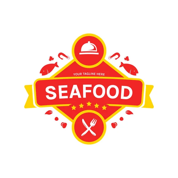 Deniz ürünleri restoranı, gurme logo rozeti bıçak çatalı ve saat kapağı illüstrasyonlu.