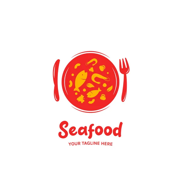 Fruits Mer Restaurant Restauration Logo Avec Poisson Champignon Crevettes Fourchette — Image vectorielle