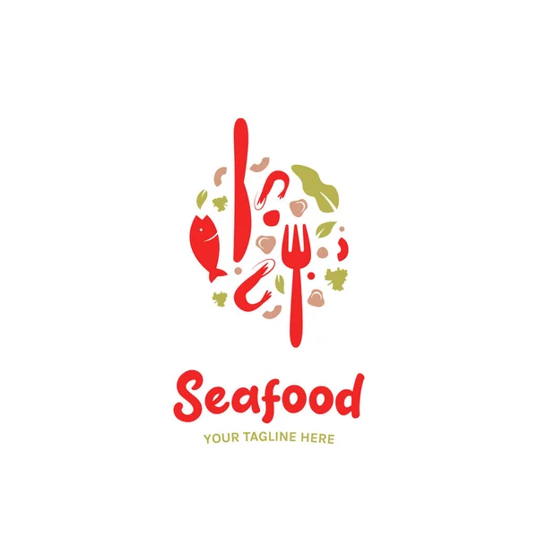 Fruits Mer Restaurant Gastronomique Restauration Logo Avec Poisson Champignon Crevettes — Image vectorielle