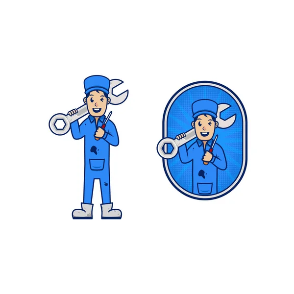 Μηχανικός Επισκευαστής Λογότυπο Μασκότ Εικονίδιο Χαρακτήρα Κινουμένων Σχεδίων Για Τις — Διανυσματικό Αρχείο