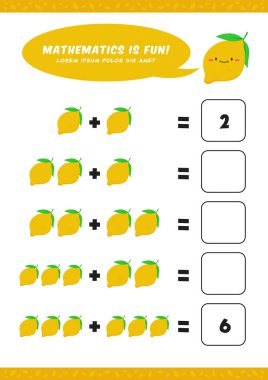Anaokulu ekleme matematiği, çocuk çocuklar için şirin limon çizimi içeren çalışma tablosu etkinlik şablonu