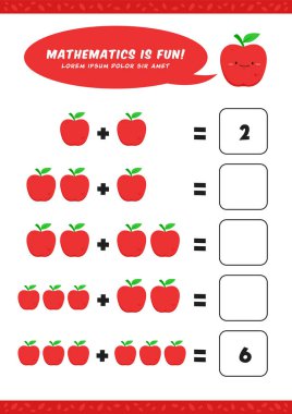 Anaokulu ekleme matematiği, çocuk çocuklar için şirin elma örnekleriyle çalışma programı etkinliği şablonu öğrenir