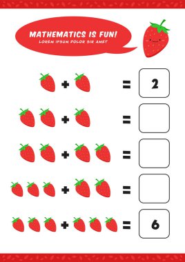 Anaokulu ekleme matematiği, çocuk çocuklar için şirin çilek resimli çalışma programı etkinlik şablonu öğrenir