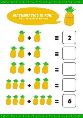 Anaokulu ekleme matematiği, çocuk çocuklar için sevimli ananas çizimleriyle çalışma programı etkinliği şablonu öğrenir