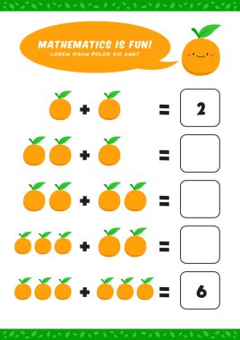 Anaokulu ekleme matematiği, çocuk çocuklar için şirin turuncu resimli çalışma tablosu etkinlik şablonu öğrenir