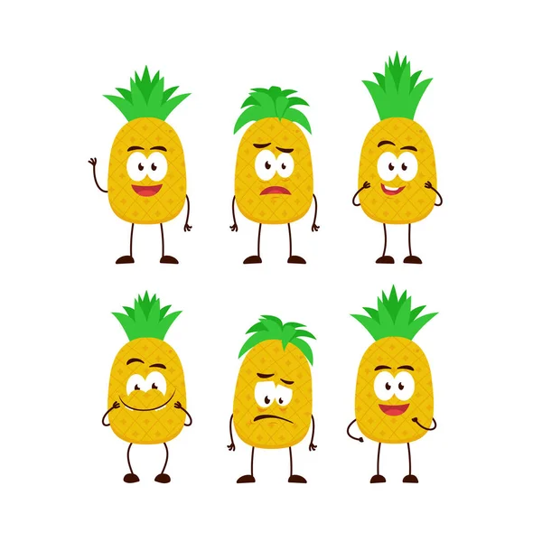 Ananas Frutta Personaggio Cartone Animato Mascotte Posa Set Umanizzato Divertente — Vettoriale Stock