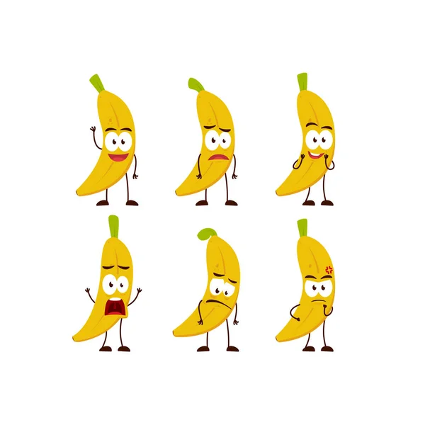 Banana Frutta Personaggio Cartone Animato Mascotte Posa Set Umanizzato Divertente — Vettoriale Stock