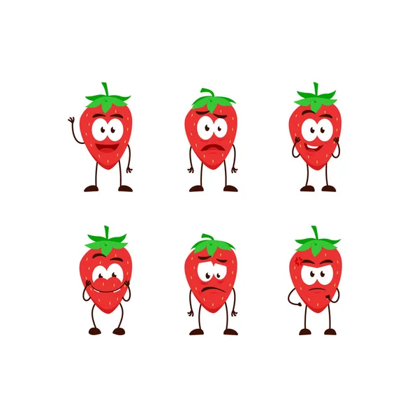 Fragola Frutta Personaggio Cartone Animato Mascotte Posa Set Umanizzato Divertente — Vettoriale Stock