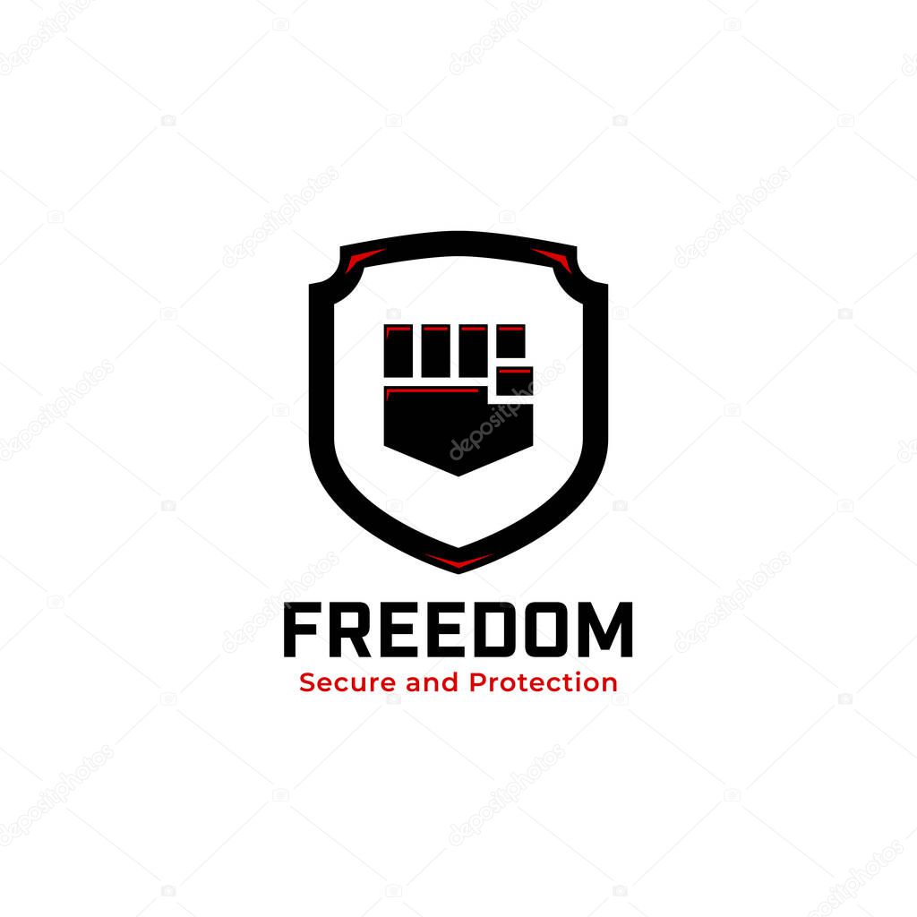 Bold shield secure and protection logo with hand fist of freedom icon badge illustration vector