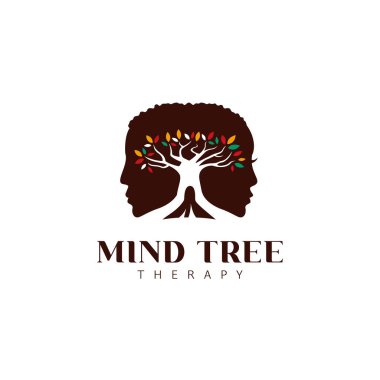 Zihin ağacı terapisi psikolog logosu. Erkek ve kadın silueti ve renkli yapraklı büyük ağaç.
