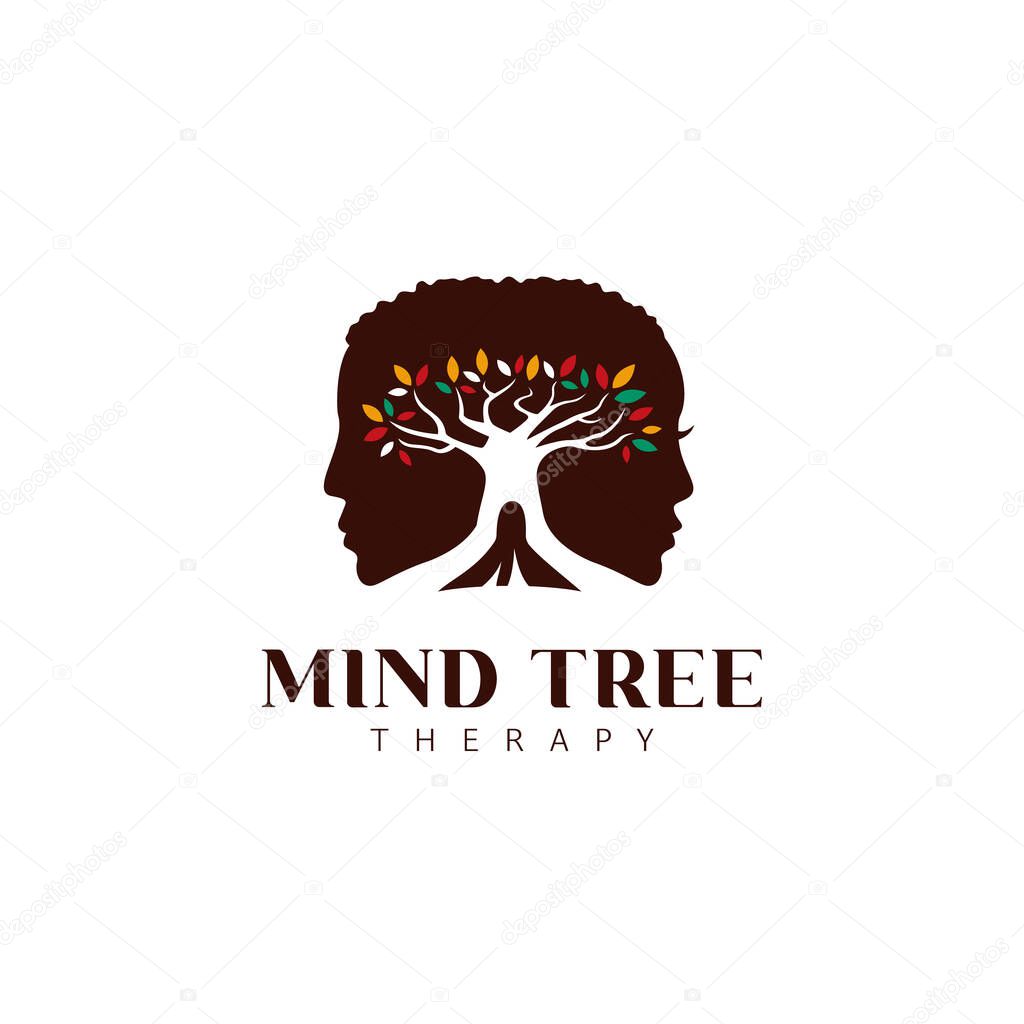 Mind tree therapy psychologist logo icon with male and female silhouette and big tree with colorful leaves