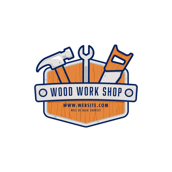 Wood Work Shop Logo Badge Hammer Hand Saw Wrench Maintenance — Stock Vector