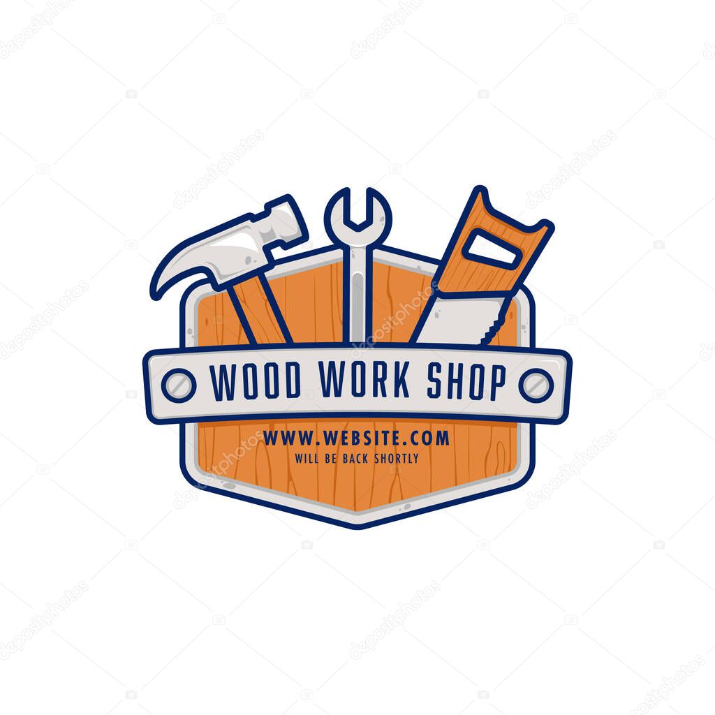 Wood work shop logo badge with hammer, hand saw, and wrench maintenance builder tool vector illustration