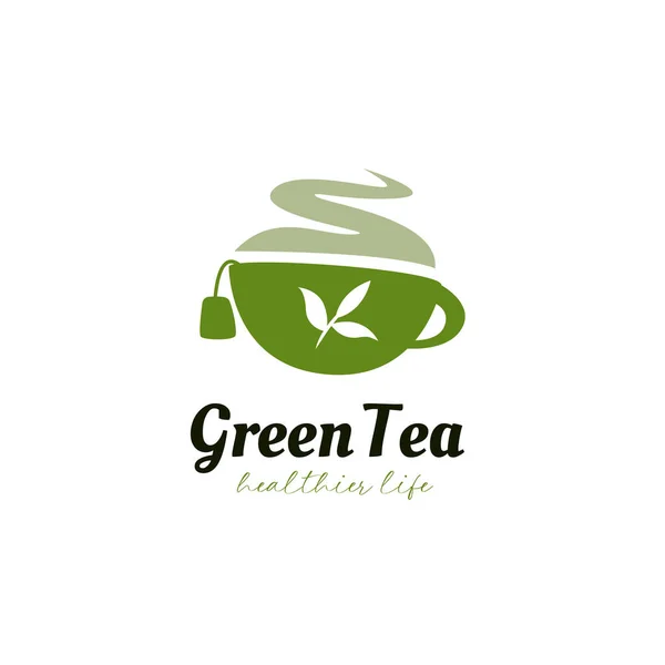 緑のカップと茶葉のシルエットを持つハーブグリーンティーロゴアイコンシンボル — ストックベクタ
