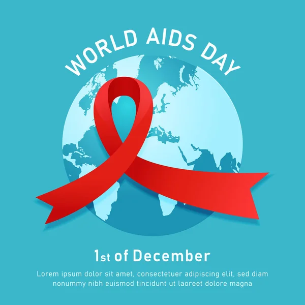 世界艾滋病日海报 带有红丝带符号和蓝色圆形世界地图矢量图解背景 — 图库矢量图片