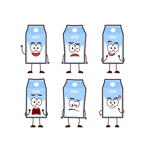 ミルク段ボール箱キャラクター漫画マスコットセット表情ポーズでかわいい面白いスタイル — ストックベクタ