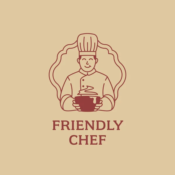Friendly Chef Mascotte Tenant Logo Soupe Icône Dessin Animé Dans — Image vectorielle