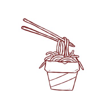 Elle çizilmiş Asyalı kızarmış erişteyi yemek çubuğu resimli paket içinde