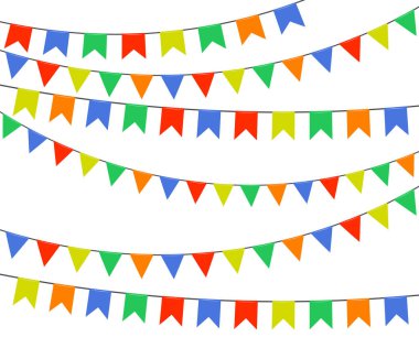 Festival çok renkli parlak bayrakları, beyaz arka plan üzerinde izole kiraz kuşu çelenk. Vektör çizim. EPS 10.